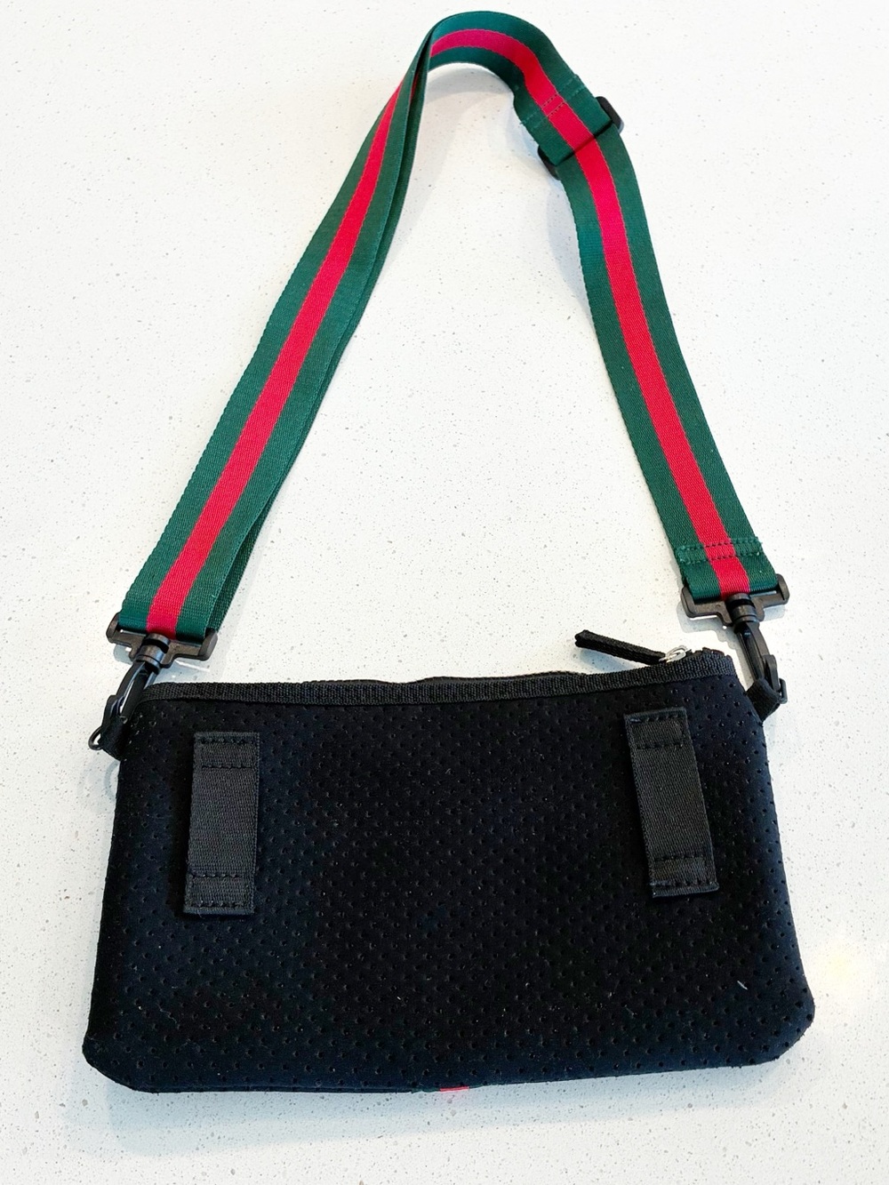 Black Crossbody Neoprene Pouch with Green and Red Stripe Adjustable Strap - Picture 5 of 15